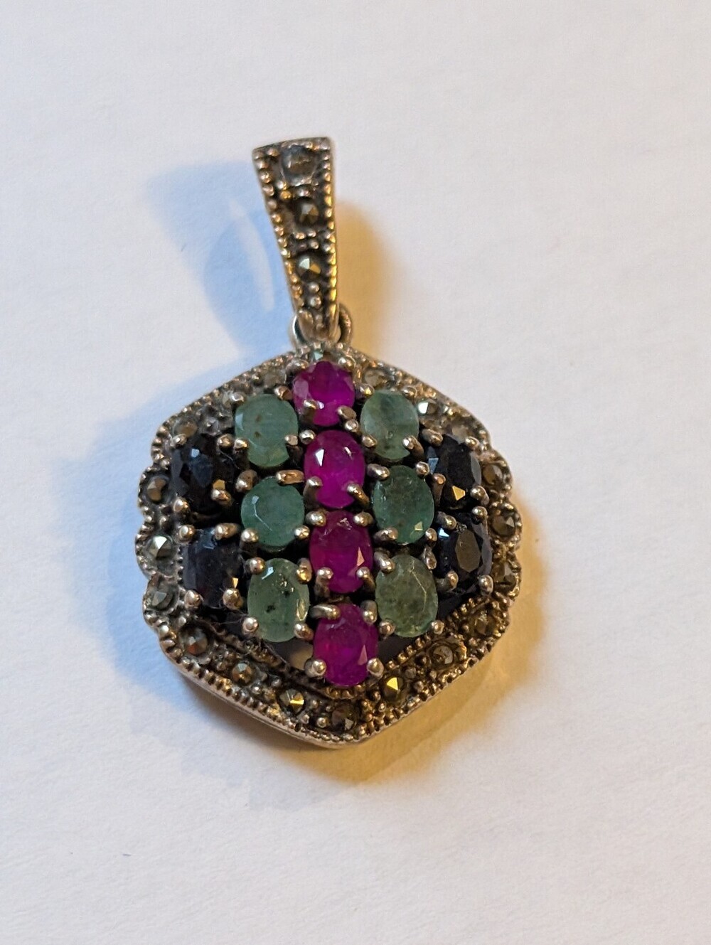 Sterling Silver Multi-Gemstone Pendant with Pink and Green Stones